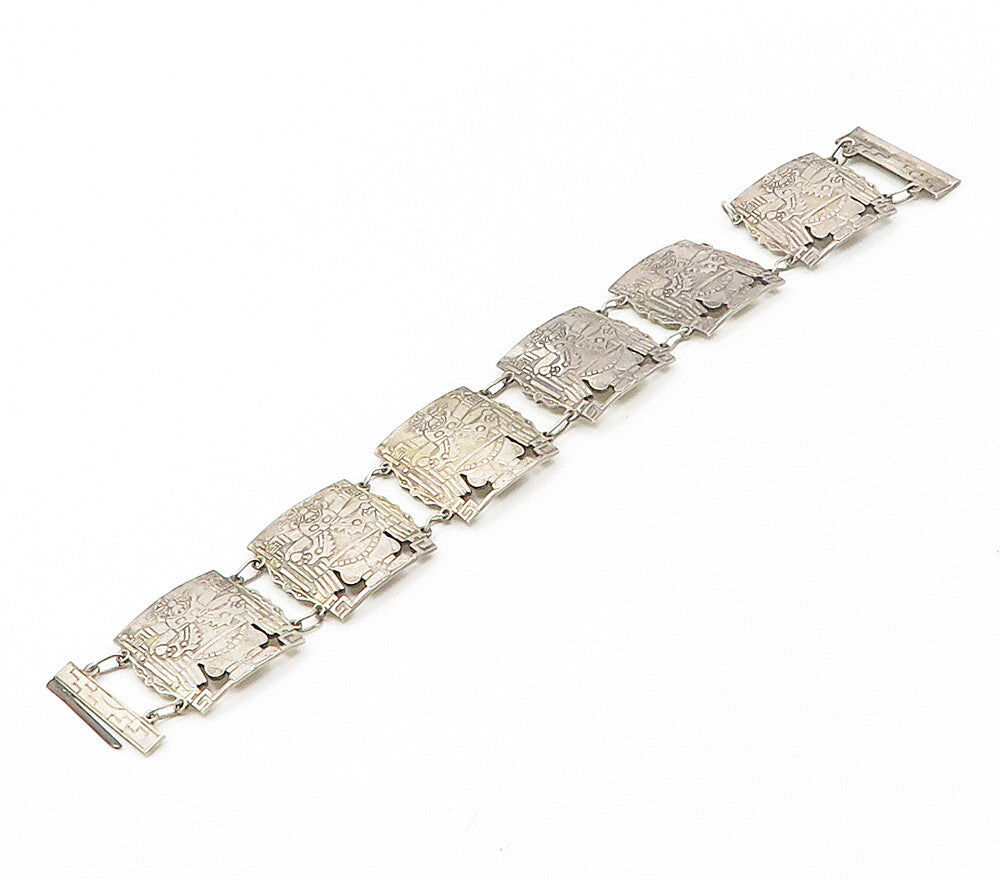 PERU 925 Sterling Silver Vintage Pre Columbian Detail Chain Bracelet BT6618