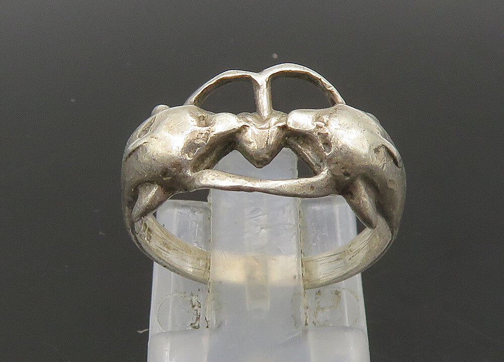 925 Sterling Silver  Vintage Double Dolphin Love Heart Band Ring Sz 6  RG22790