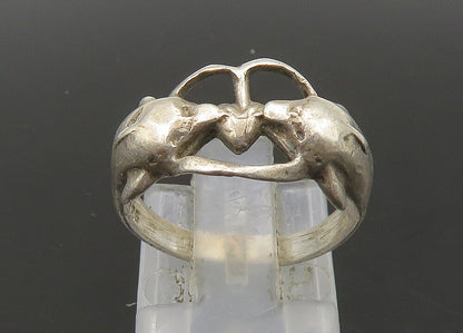 925 Sterling Silver  Vintage Double Dolphin Love Heart Band Ring Sz 6  RG22790