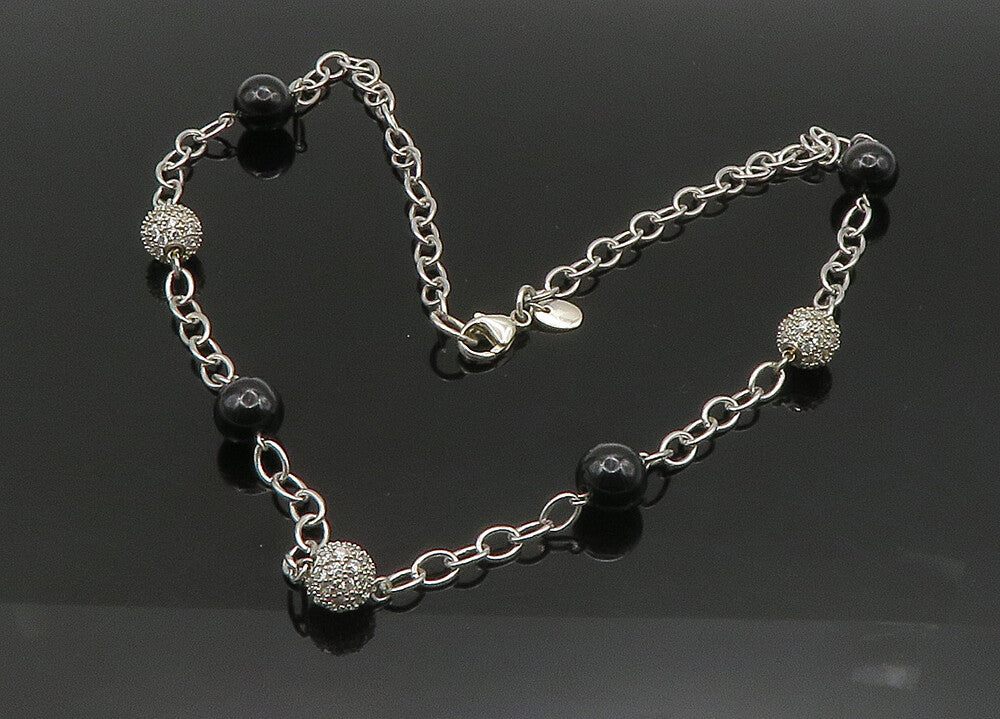 ESPO 925 Sterling Silver Vintage Black Onyx & Cubic Zirconia Necklace  NE3678