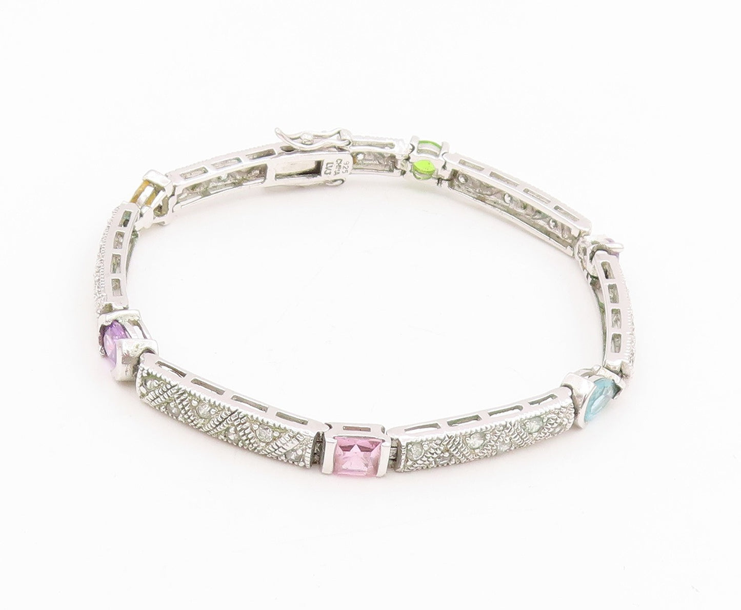 925 Sterling Silver Vintage Bracelet Multi Gemstone Geometric Panel Link BT11692