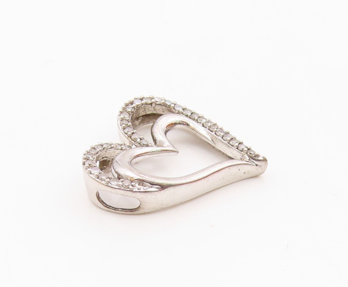 925 Sterling Silver  Vintage Genuine Diamonds Open Love Hearts Pendant  PT7516