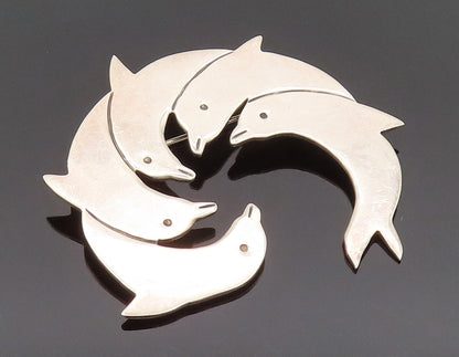 MEXICO 925 Silver  Vintage Minimalist Dolphin Family Brooch Pin  BP10137
