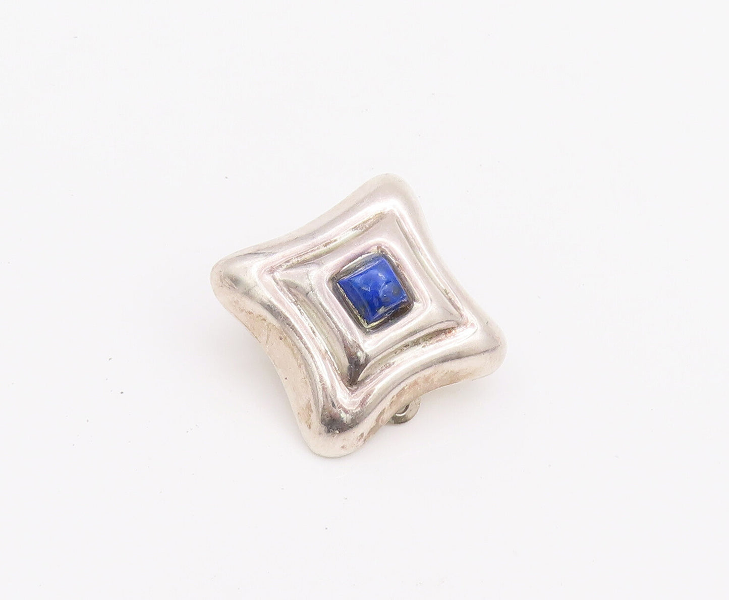 925 Sterling Silver Earrings MEXICO Brutalist Square Carved Lapis Lazuli EG12839