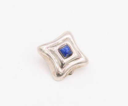 925 Sterling Silver Earrings MEXICO Brutalist Square Carved Lapis Lazuli EG12839