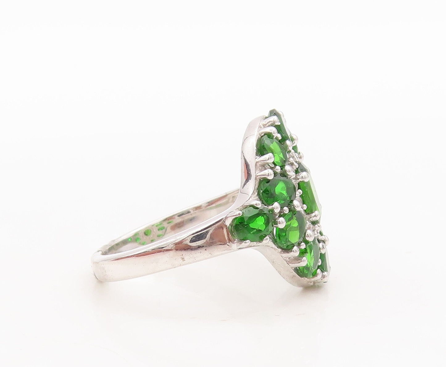 925 Sterling Silver Vintage Ring Oval Cut  Green CZ Flower  Sz 7  RG29449