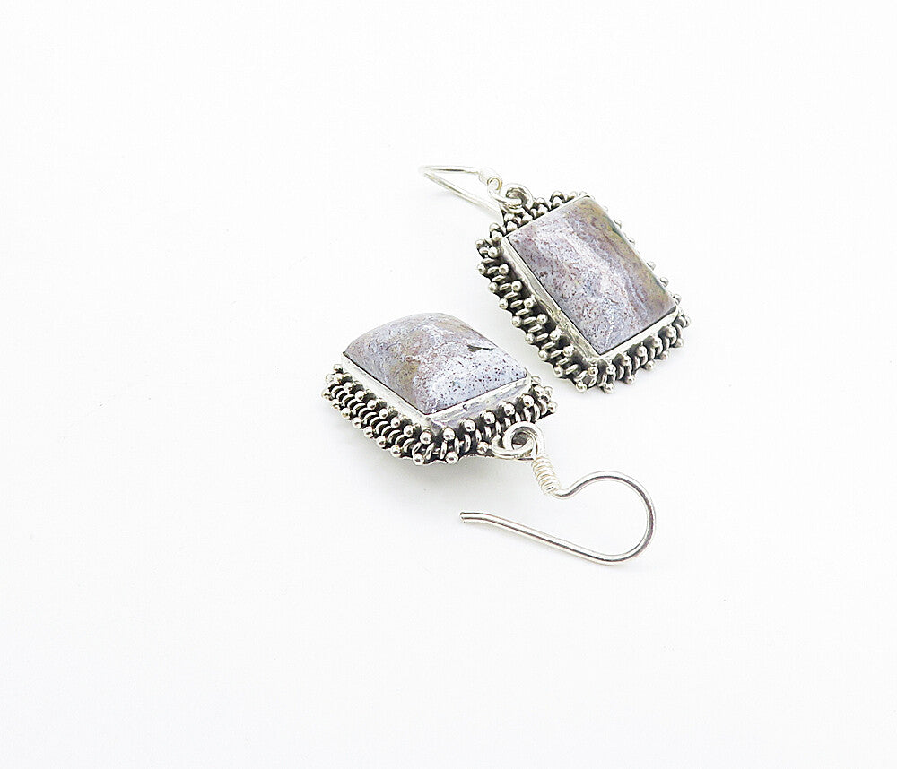 925 Sterling Silver  Vintage Cabochon Cut Jasper Square Dangle Earrings EG3117