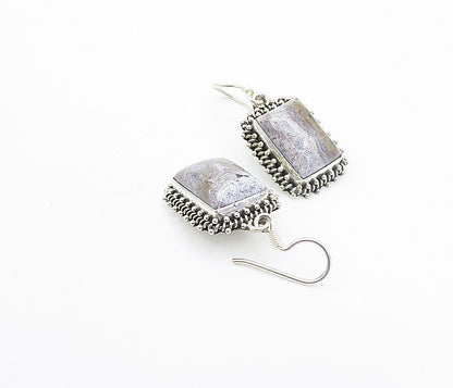 925 Sterling Silver  Vintage Cabochon Cut Jasper Square Dangle Earrings EG3117