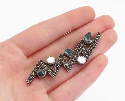 925 Sterling Silver  Vintage Mother Of Pearl & Carnelian Brooch Pin  BP1756