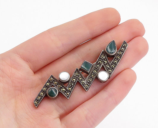 925 Sterling Silver  Vintage Mother Of Pearl & Carnelian Brooch Pin  BP1756