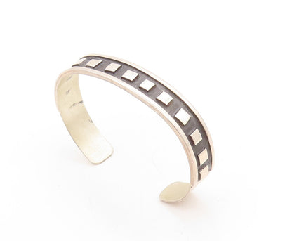 925 Sterling Silver Vintage Bracelet MEXICO Dark Tone Square Carved Cuff BT10955