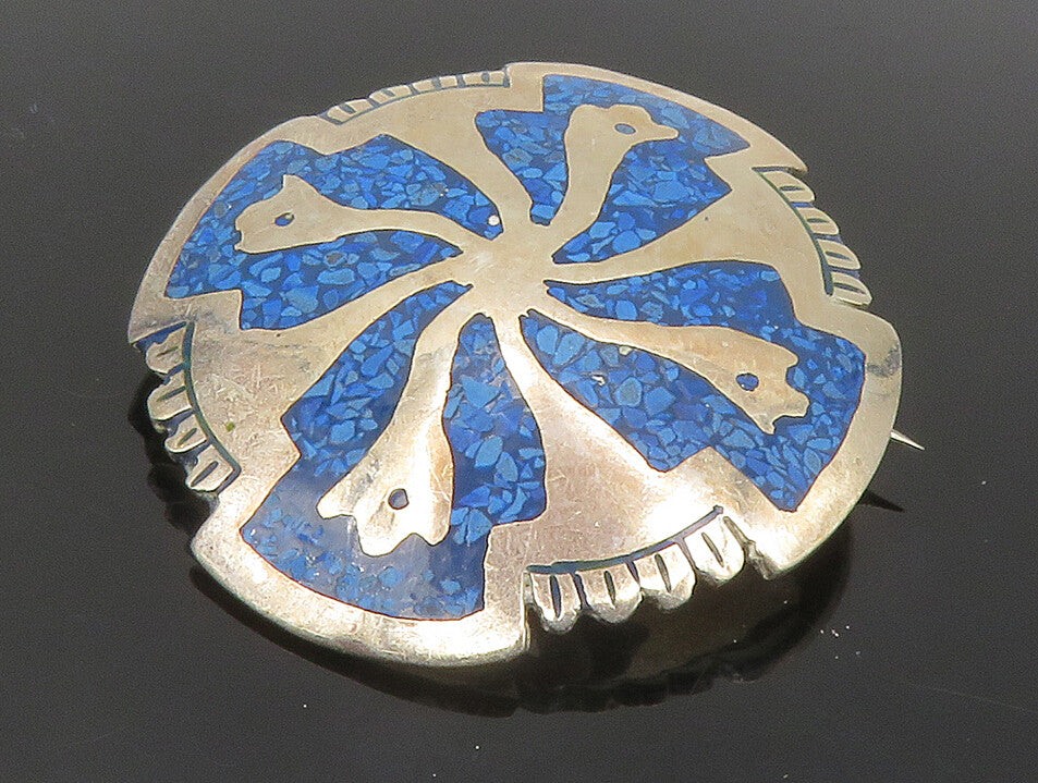 MEXICO 925 Sterling Silver  Vintage Crushed Turquoise Shiny Brooch Pin  BP5341