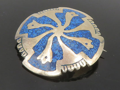 MEXICO 925 Sterling Silver  Vintage Crushed Turquoise Shiny Brooch Pin  BP5341