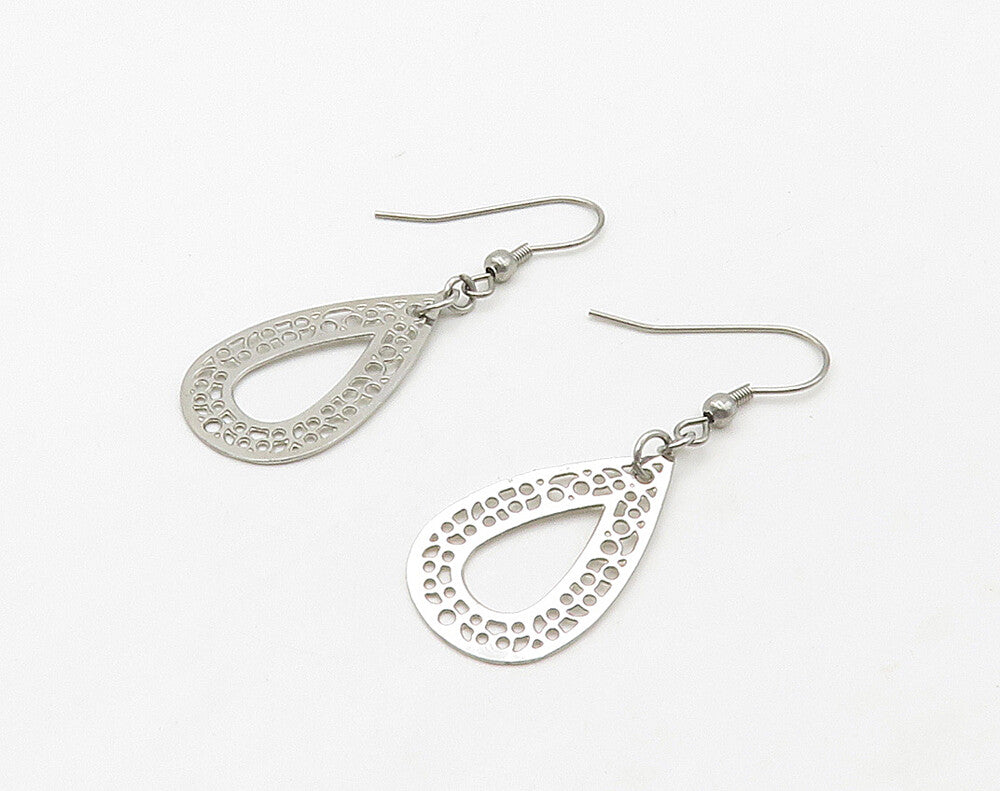 925 Sterling Silver  Shiny Open Tear Drop Shape Dangle Earrings  EG8253