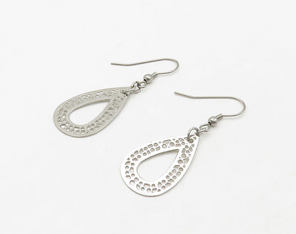925 Sterling Silver  Shiny Open Tear Drop Shape Dangle Earrings  EG8253