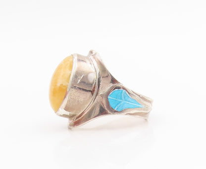 925 Sterling Silver Vintage Ring Oval Gemstone Enameled leaf Band Sz 7.5 RG33802