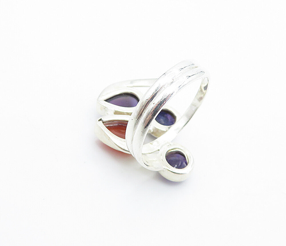 925 Sterling Silver  Coral & Amethyst Cluster Split Cocktail Ring Sz 7  RG7790
