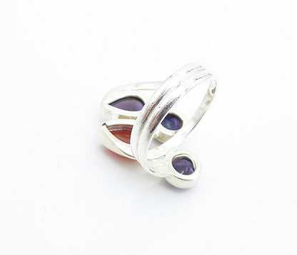 925 Sterling Silver  Coral & Amethyst Cluster Split Cocktail Ring Sz 7  RG7790