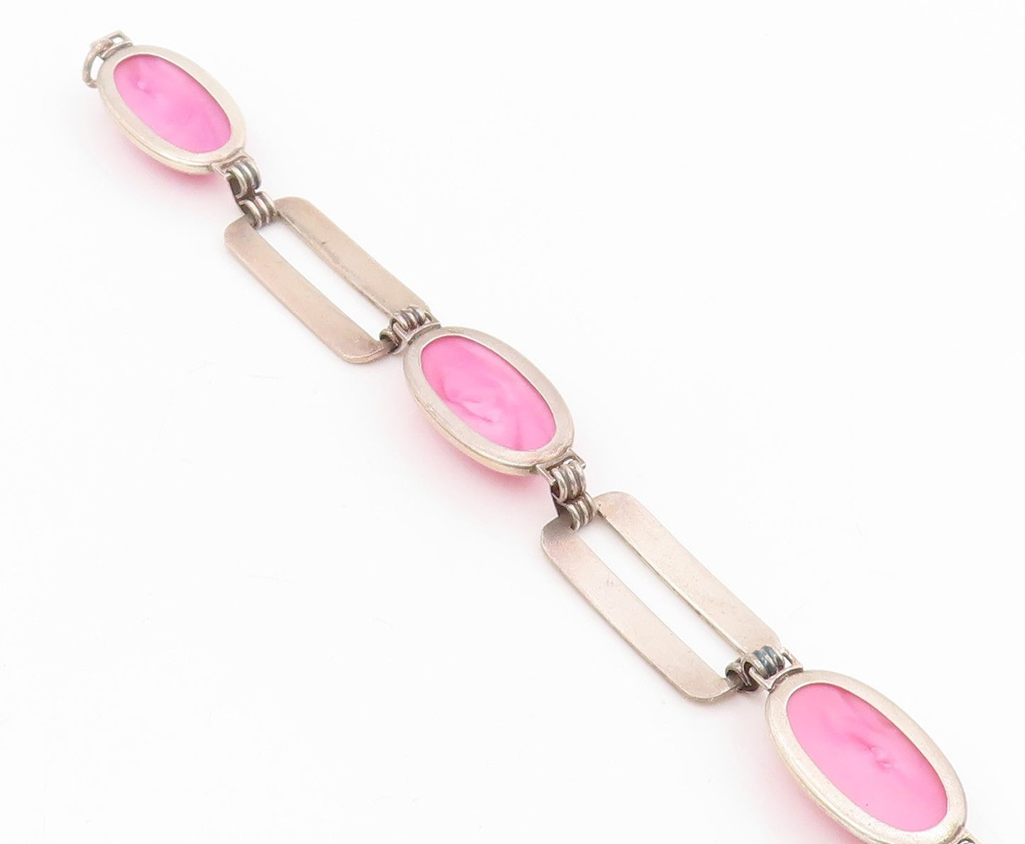 925 Sterling Silver Vintage Bracelet Oval Pink Gemstone Geometric Link  BT11687
