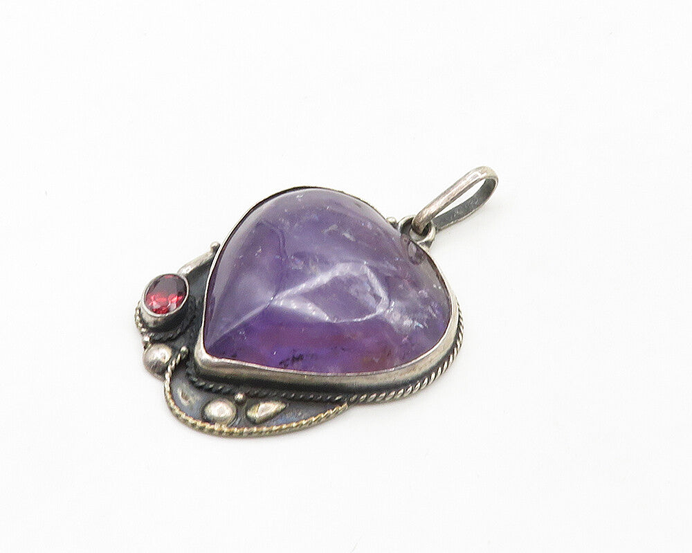 925 Sterling Silver  Vintage Cabochon Amethyst Heart & Garnet Pendant  PT15040