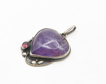 925 Sterling Silver  Vintage Cabochon Amethyst Heart & Garnet Pendant  PT15040
