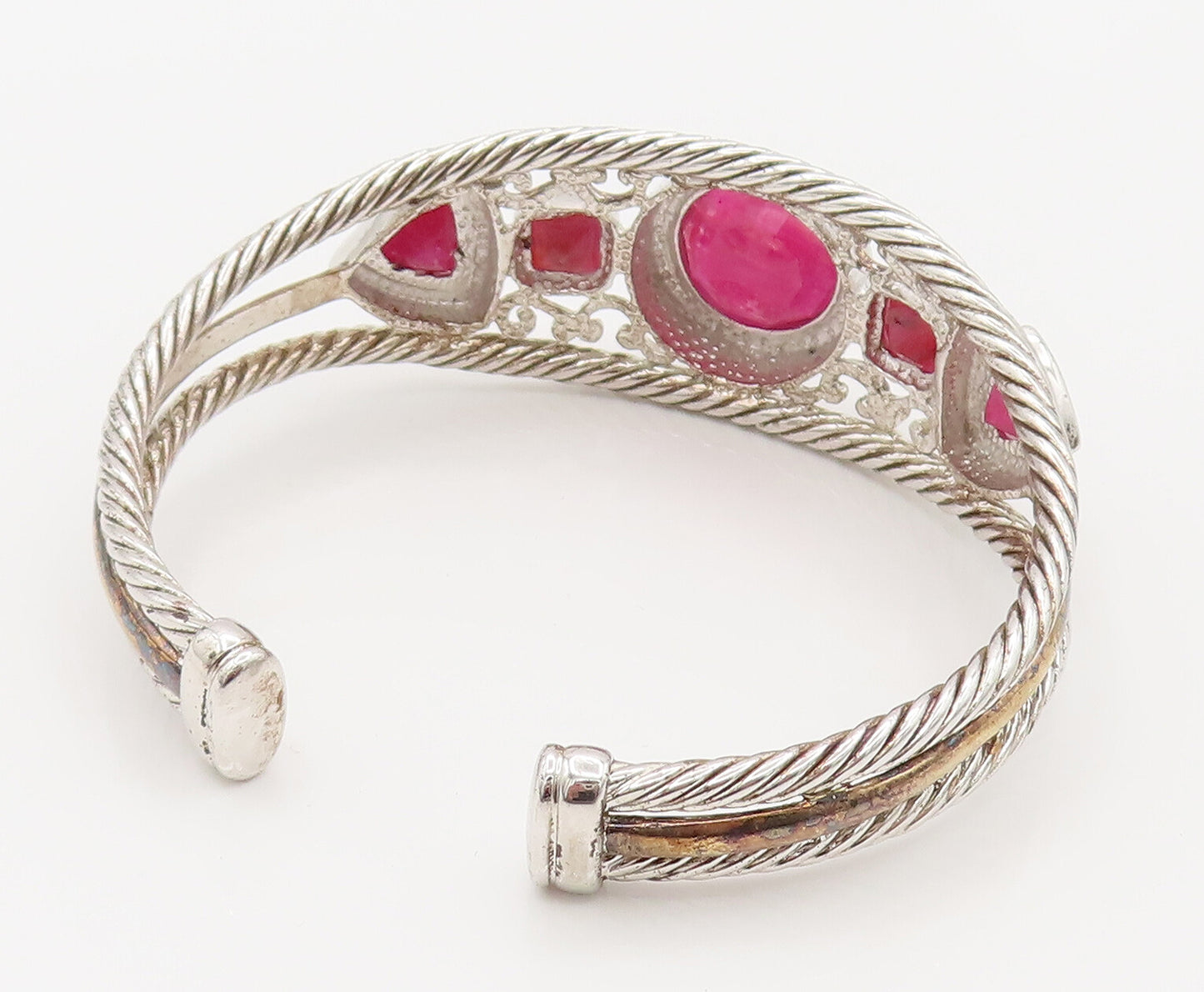 925 Silver  Vintage Two Tone Multi Shape Ruby Openwork Cuff Bracelet  BT9782