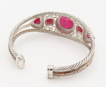 925 Silver  Vintage Two Tone Multi Shape Ruby Openwork Cuff Bracelet  BT9782