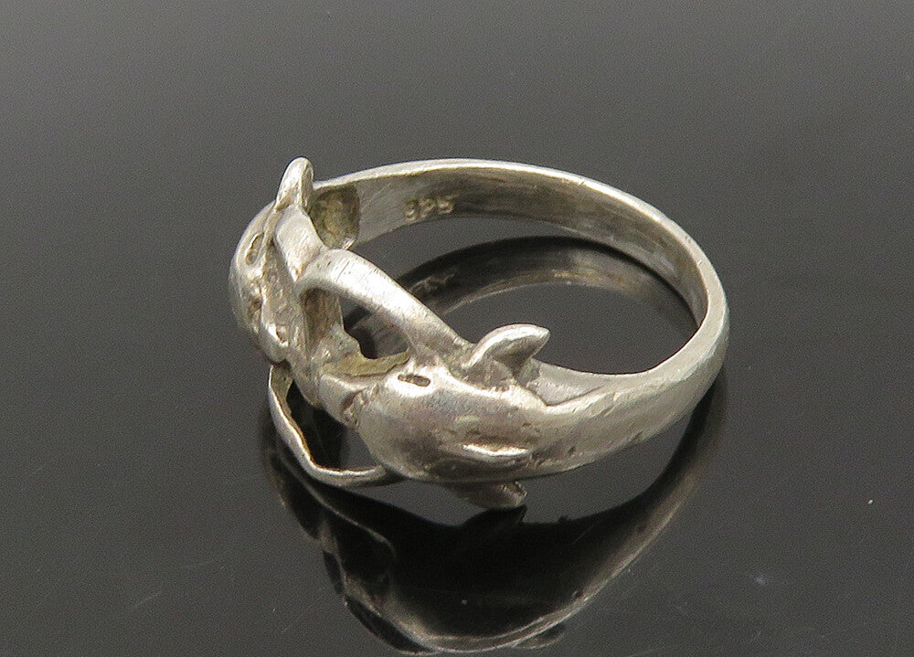 925 Sterling Silver  Vintage Double Dolphin Love Heart Band Ring Sz 6  RG22790