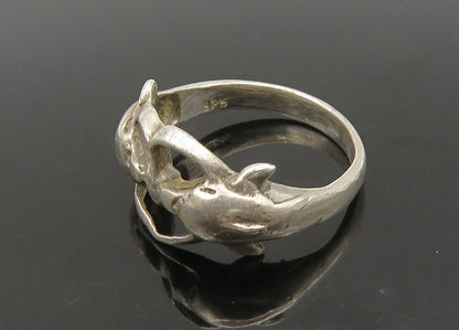 925 Sterling Silver  Vintage Double Dolphin Love Heart Band Ring Sz 6  RG22790