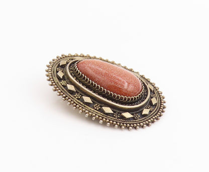 925 Sterling Silver Vintage Brooch ISRAEL Cabochon Goldstone Wirework  BP11962