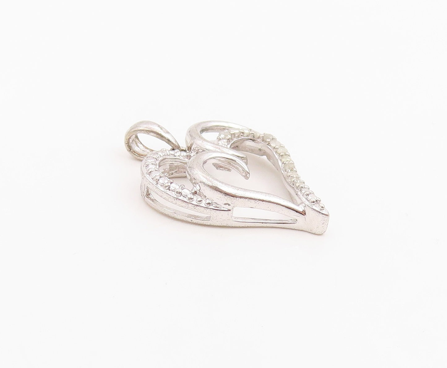 925 Sterling Silver Vintage Pendant Genuine Diamonds Double Love Heart  PT25975