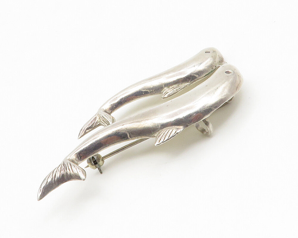 925 Sterling Silver  Vintage Shiny Mom & Baby Dolphin Motif Brooch Pin  BP5381