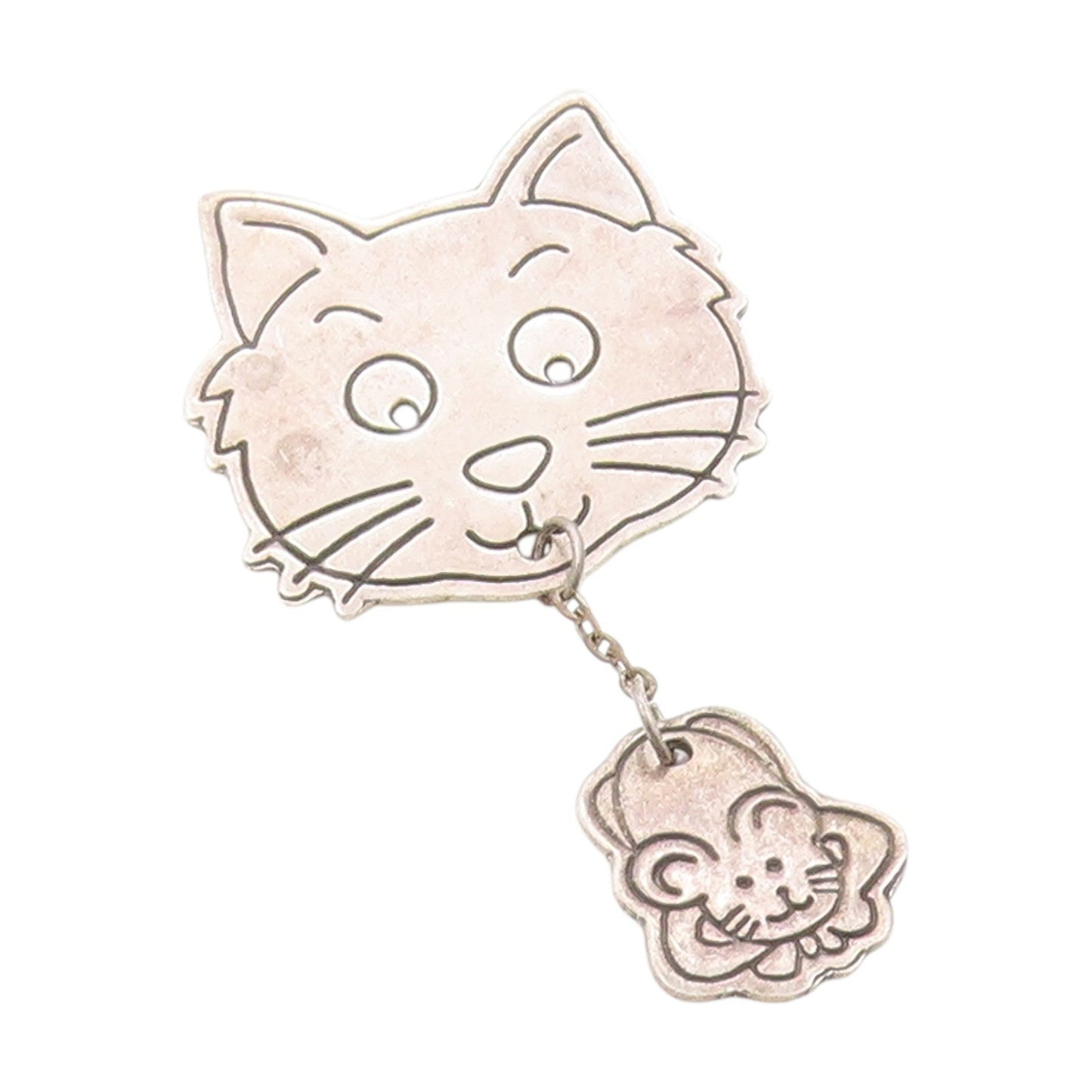 925 Sterling Silver Vintage Brooch MEXICO Frenemies Cat & Mouse Dangle  BP11856