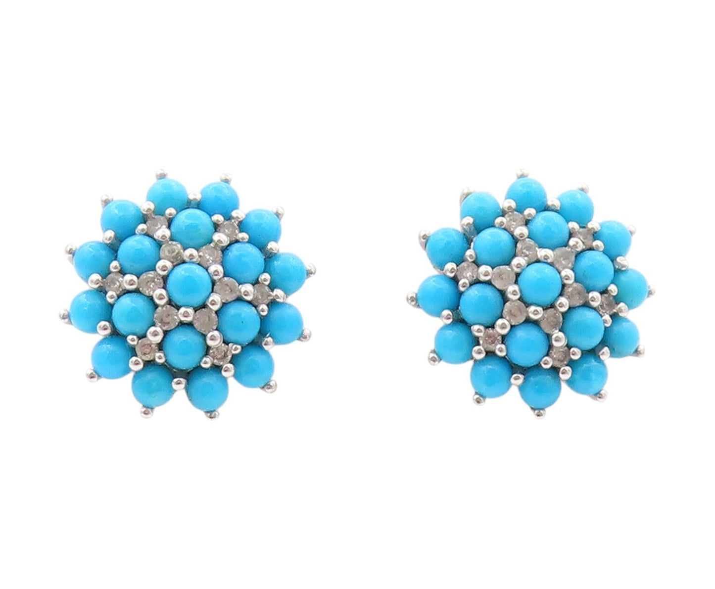925 Sterling Silver Vintage Earrings Cabochon Larimar & CZ Flower  EG13389