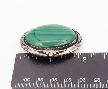 925 Sterling Silver Vintage Brooch Pin NAVAJO Oval Cabochon Malachite  BP12341