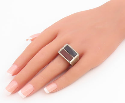 925 Sterling Silver Vintage Ring Carnelian & Onyx Inlay Band  Sz 11.5  RG36680