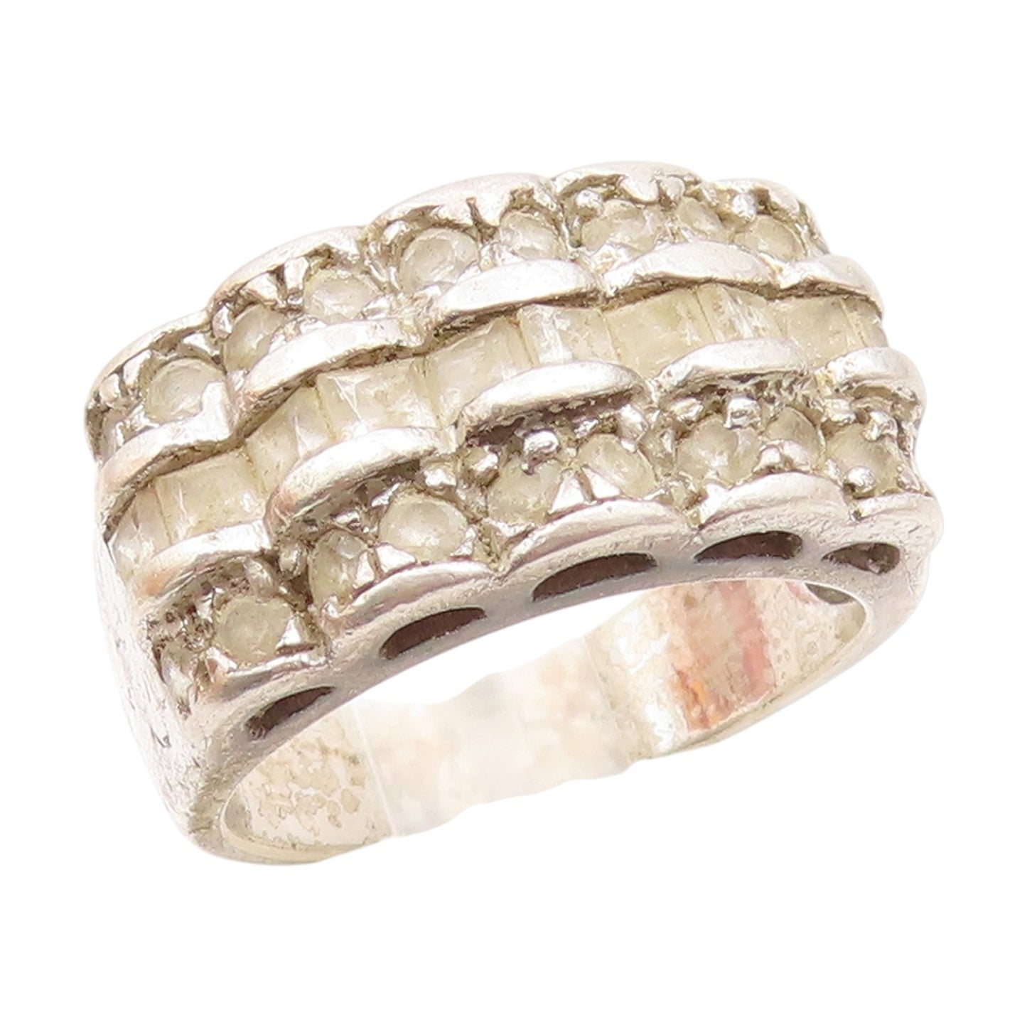 925 Sterling Silver  Vintage White Topaz Three Row Band Ring  Sz 6  RG20423