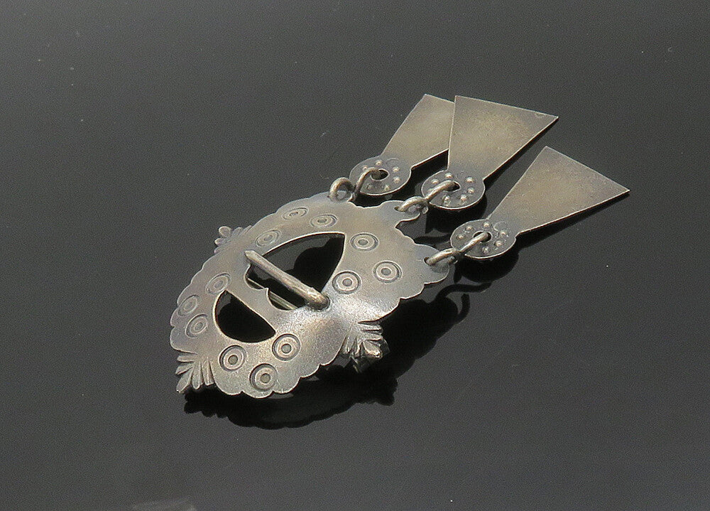 925 Sterling Silver  Vintage Dark Tone Etched Dangling Brooch Pin  BP8047