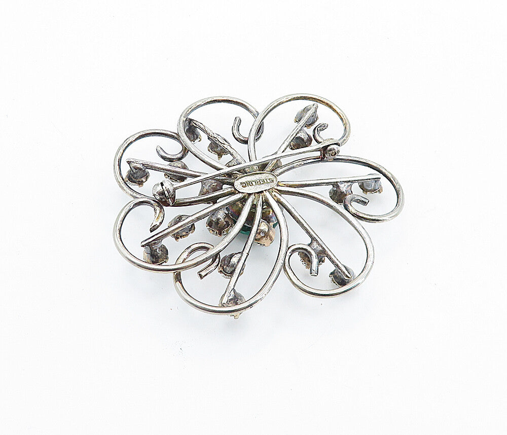 925 Sterling Silver  Vintage Green & White Topaz Floral Brooch Pin  BP2604