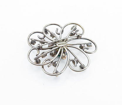 925 Sterling Silver  Vintage Green & White Topaz Floral Brooch Pin  BP2604