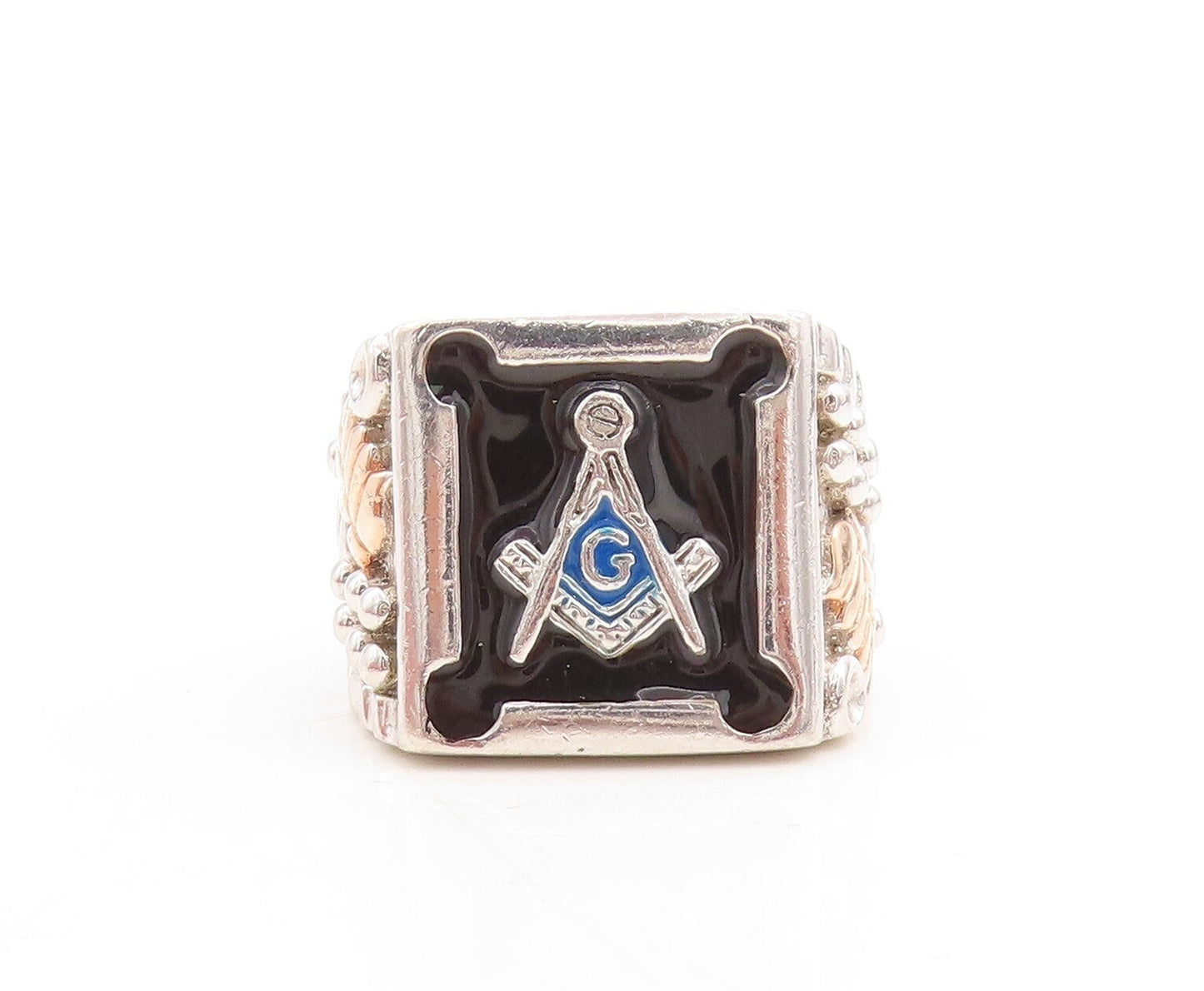 12k Gold 925 Sterling Silver Vintage Ring Enameled Carved Freemason Sz 8 RG31509