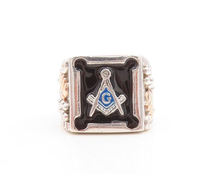 12k Gold 925 Sterling Silver Vintage Ring Enameled Carved Freemason Sz 8 RG31509