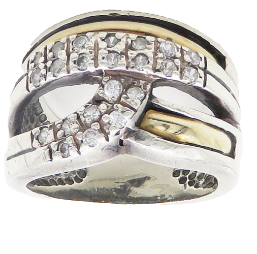PE 925 Silver & 18K GOLD  Vintage Shiny Topaz Two Tone Band Ring Sz 8  RG19195