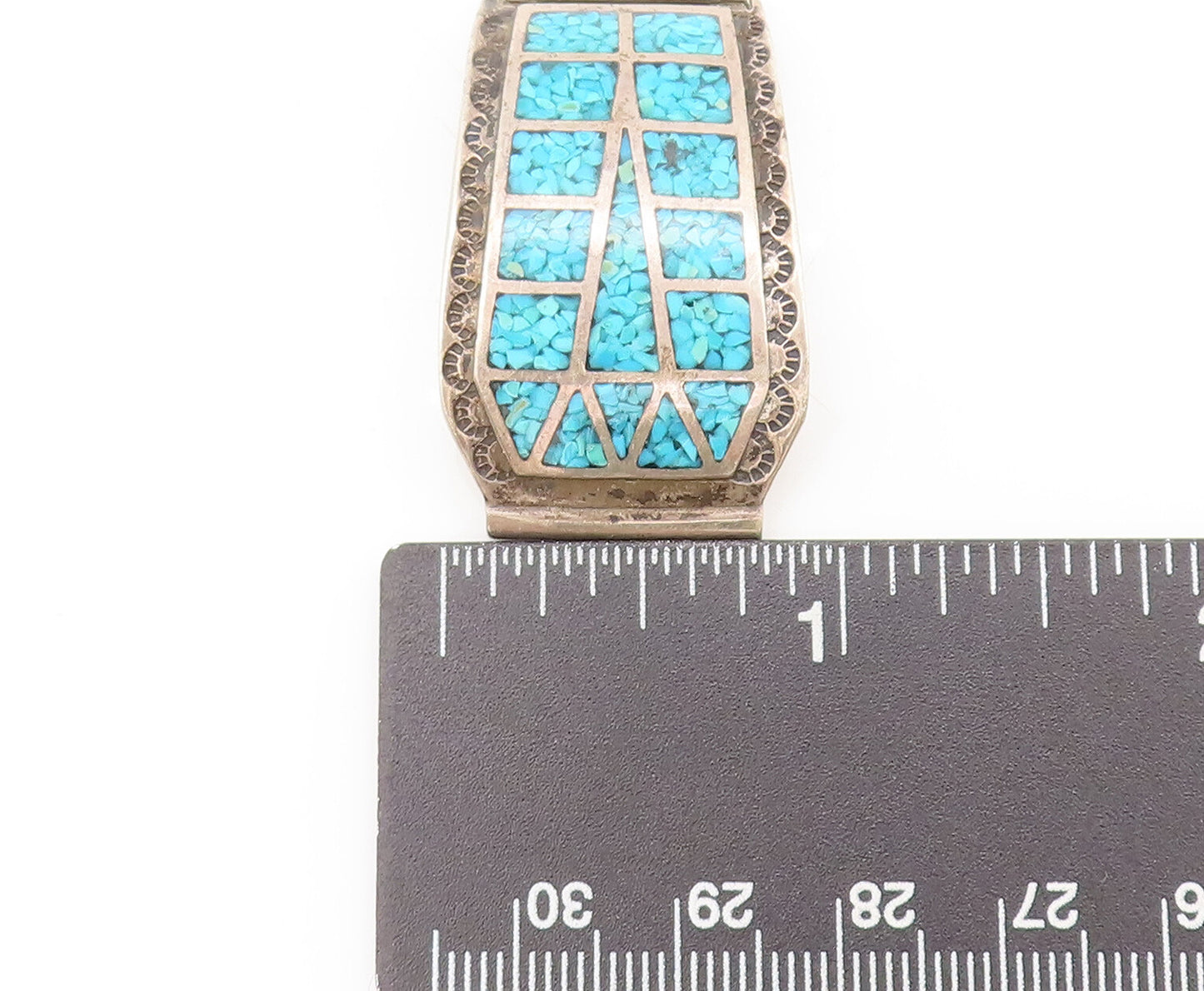 NAVAJO 925 Sterling Silver  Vintage Crushed Turquoise Inlay Watch Belt  TR3528