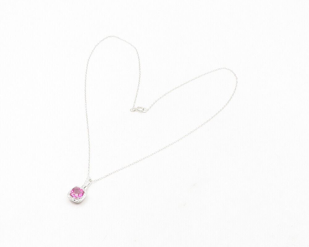 925 Sterling Silver  Genuine Diamond & Pink Topaz Shiny Chain Necklace  NE2066