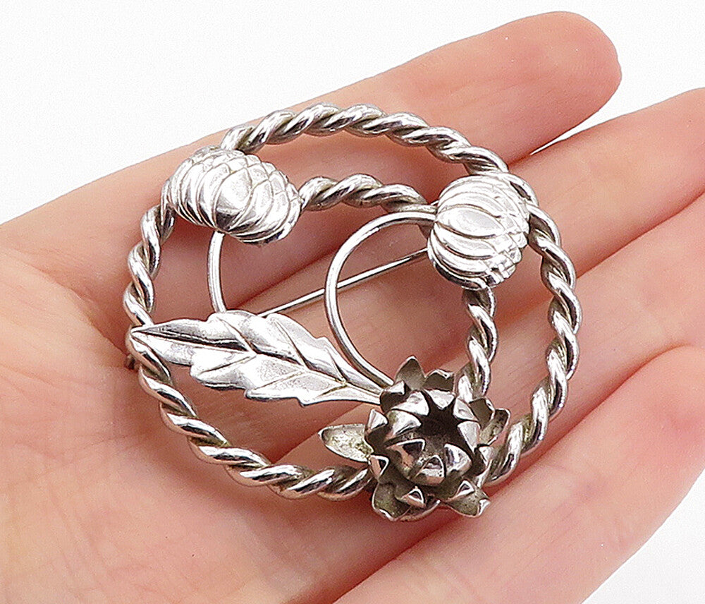 925 Sterling Silver  Vintage Sculpted Floral Leaf Twist Brooch Pin  BP2250
