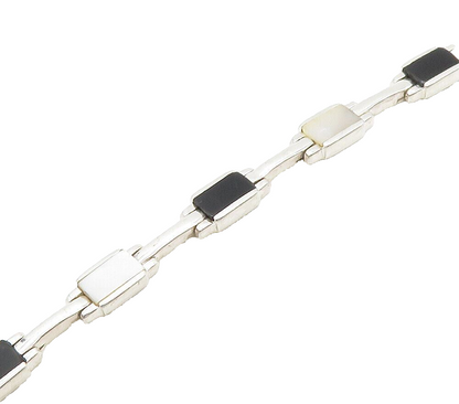 925 Sterling Silver  Mother Of Pearl & Black Onyx Shiny Chain Bracelet  BT6138