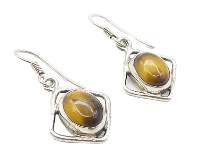 925 Sterling Silver  Cabochon Cut Tiger's Eye Square Drop Earrings  EG3828