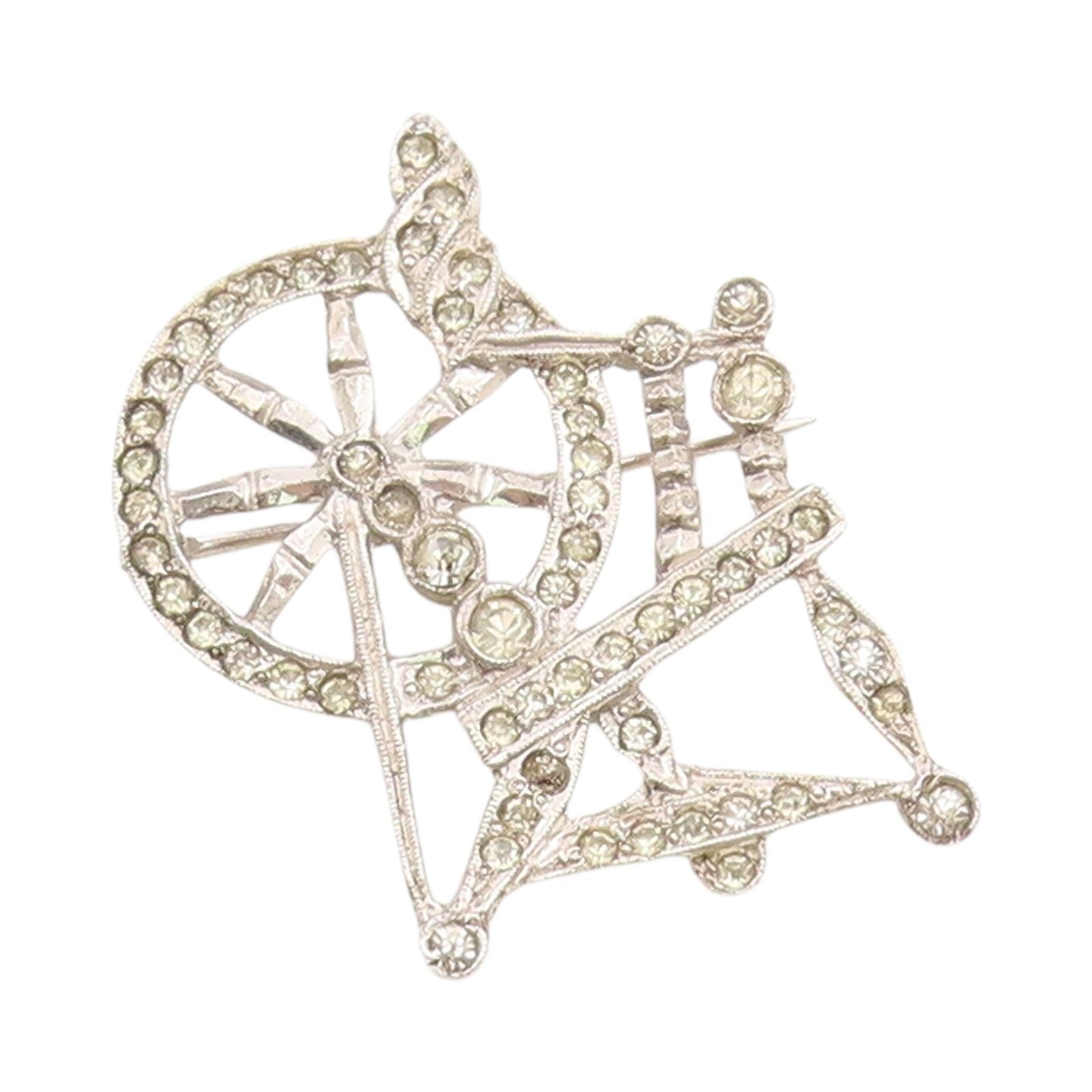 925 Sterling Silver Vintage Brooch Sparkling CZ Spinning Wheel Design  BP11948