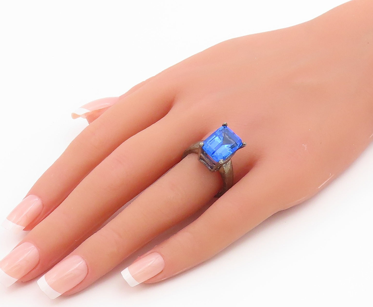 925 Sterling Silver Vintage Ring Classic Blue CZ Solitaire Band  Sz 9  RG35481